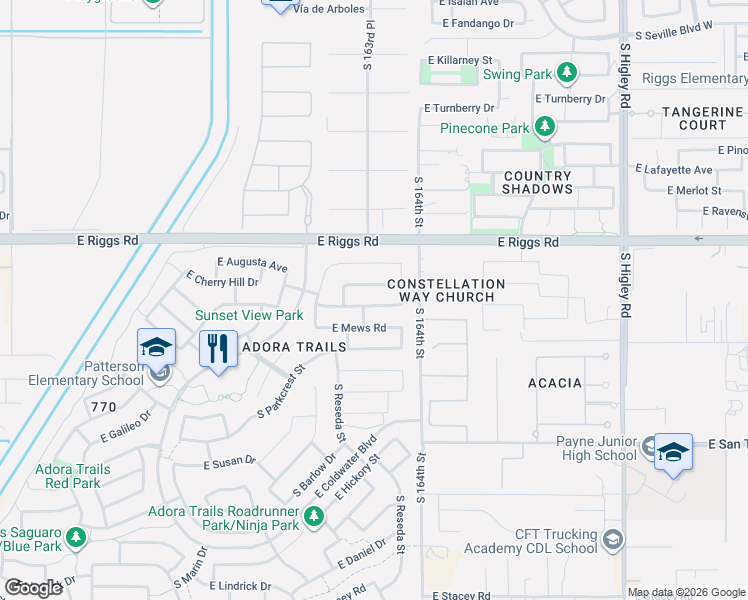map of restaurants, bars, coffee shops, grocery stores, and more near 2757 East Cherry Hill Drive in Gilbert
