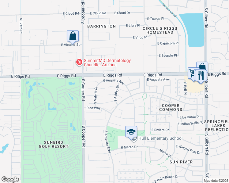 map of restaurants, bars, coffee shops, grocery stores, and more near 2233 East Torrey Pines Place in Chandler
