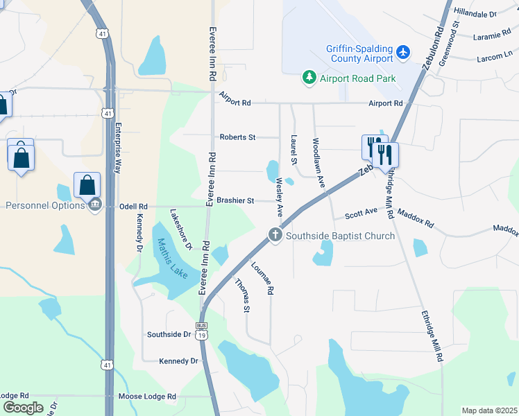 map of restaurants, bars, coffee shops, grocery stores, and more near 222 Brashier Street in Griffin