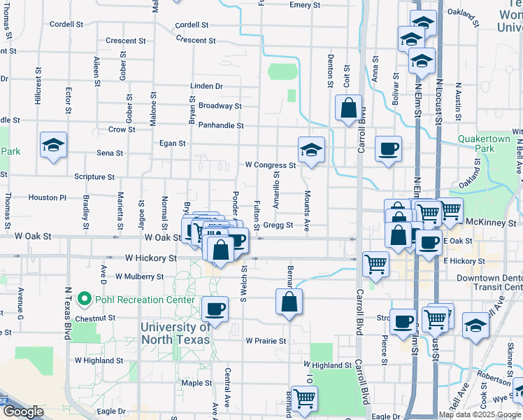 map of restaurants, bars, coffee shops, grocery stores, and more near 412 Fulton Street in Denton