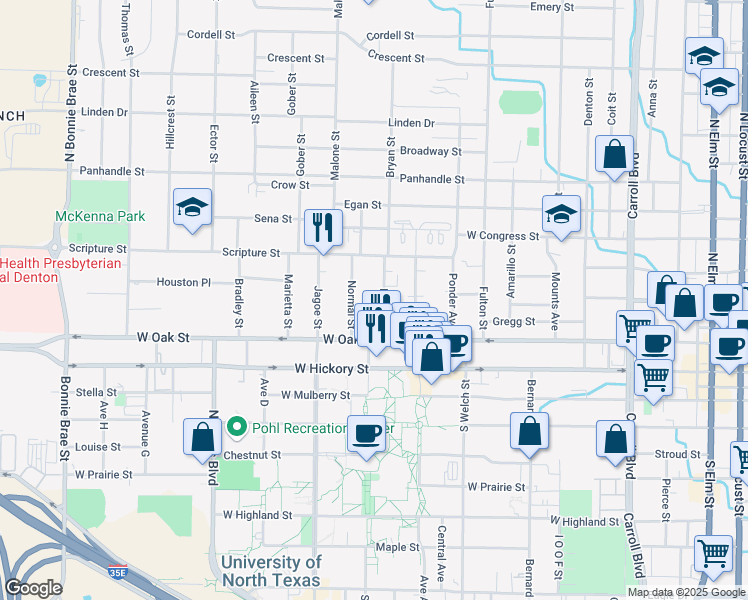 map of restaurants, bars, coffee shops, grocery stores, and more near 410 Bryan Street in Denton