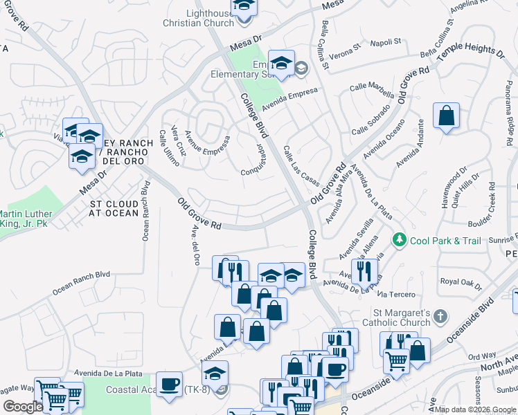 map of restaurants, bars, coffee shops, grocery stores, and more near 1245 Via Candelas in Oceanside