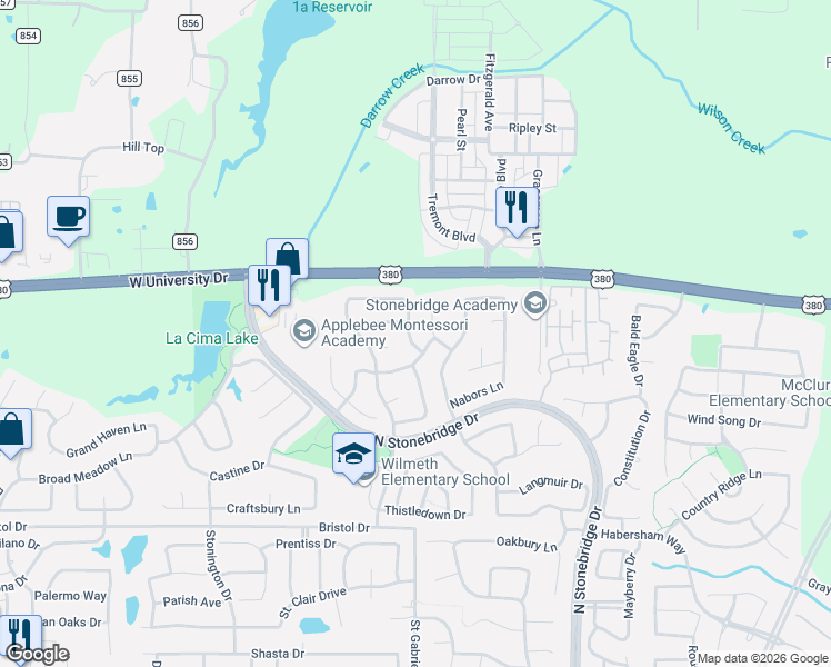 map of restaurants, bars, coffee shops, grocery stores, and more near 1808 Waywood Drive in McKinney