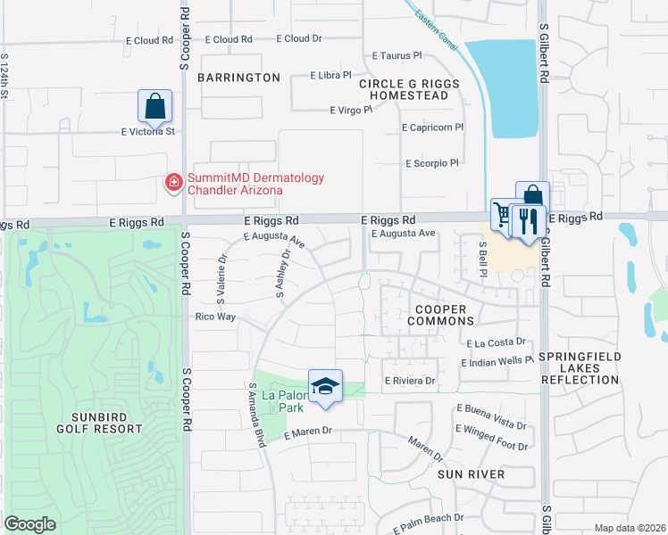 map of restaurants, bars, coffee shops, grocery stores, and more near 2393 East Torrey Pines Lane in Chandler