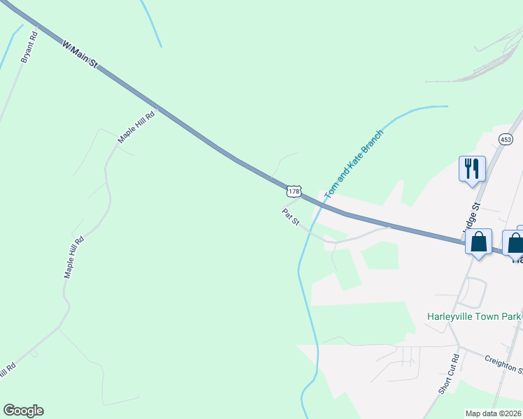 map of restaurants, bars, coffee shops, grocery stores, and more near 361 West Main Street in Harleyville
