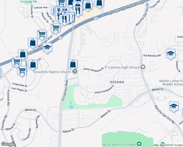 map of restaurants, bars, coffee shops, grocery stores, and more near 3685 Vista Campana North in Oceanside
