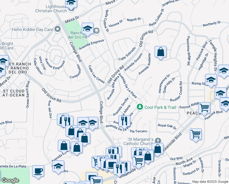 map of restaurants, bars, coffee shops, grocery stores, and more near 1739 Avenida Alta Mira in Oceanside