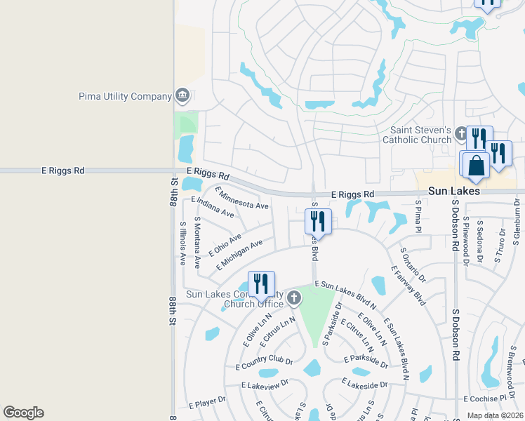map of restaurants, bars, coffee shops, grocery stores, and more near 9026 East Minnesota Avenue in Sun Lakes