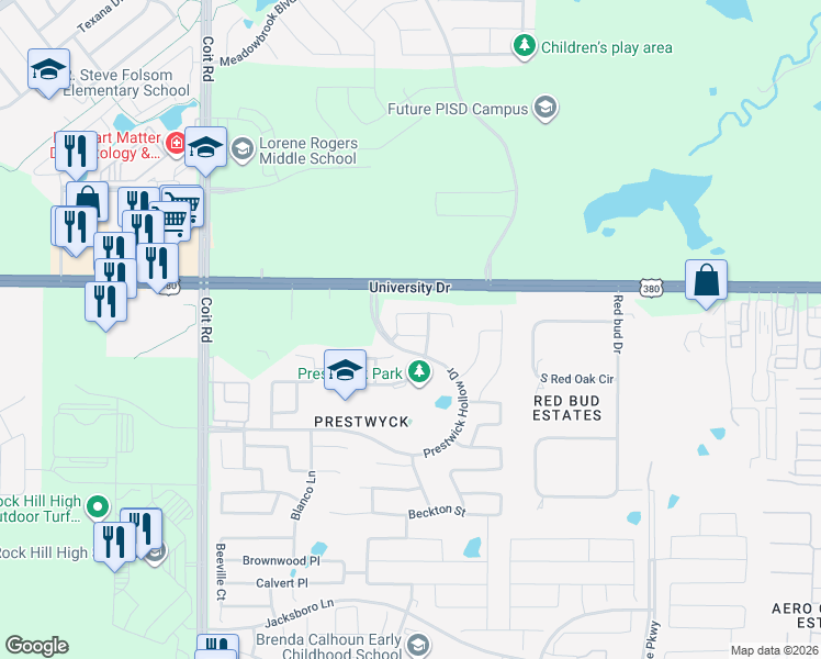 map of restaurants, bars, coffee shops, grocery stores, and more near 11812 Bertram Road in McKinney