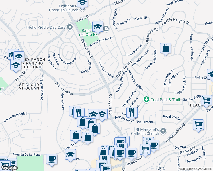 map of restaurants, bars, coffee shops, grocery stores, and more near 1287 Via Fanal in Oceanside