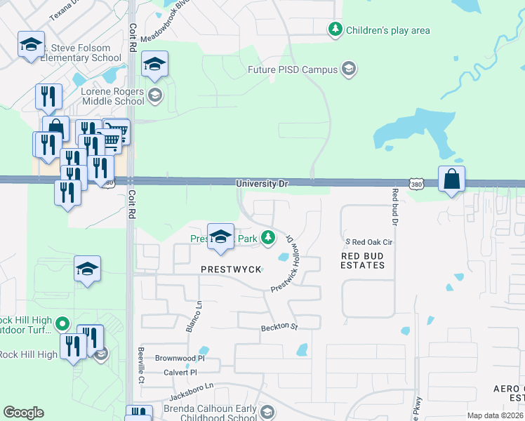 map of restaurants, bars, coffee shops, grocery stores, and more near 11801 Hamptonbrook Drive in McKinney
