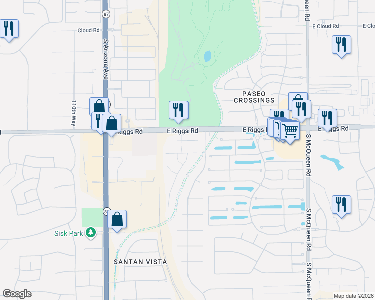 map of restaurants, bars, coffee shops, grocery stores, and more near 488 East Las Colinas Place in Chandler