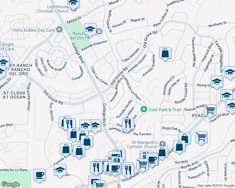 map of restaurants, bars, coffee shops, grocery stores, and more near 1739 Avenida Alta Mira in Oceanside