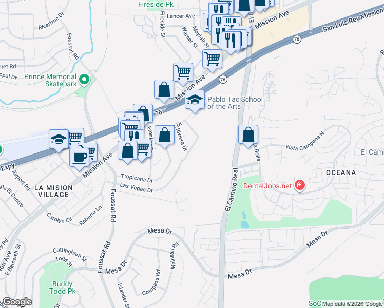 map of restaurants, bars, coffee shops, grocery stores, and more near 3503 Las Vegas Drive in Oceanside