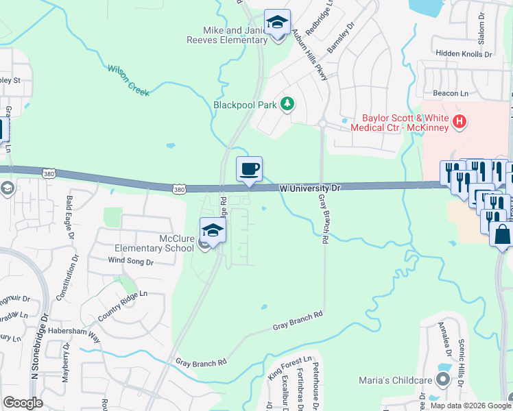 map of restaurants, bars, coffee shops, grocery stores, and more near 5440 West University Drive in McKinney