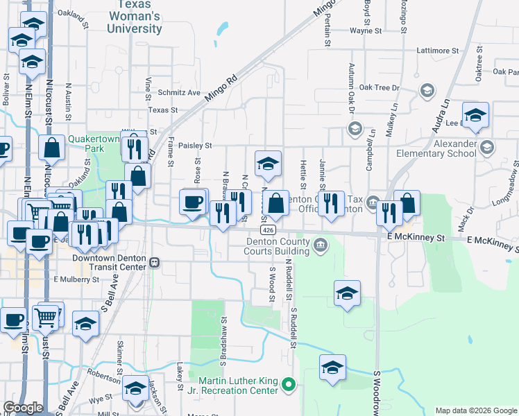 map of restaurants, bars, coffee shops, grocery stores, and more near 418 North Wood Street in Denton