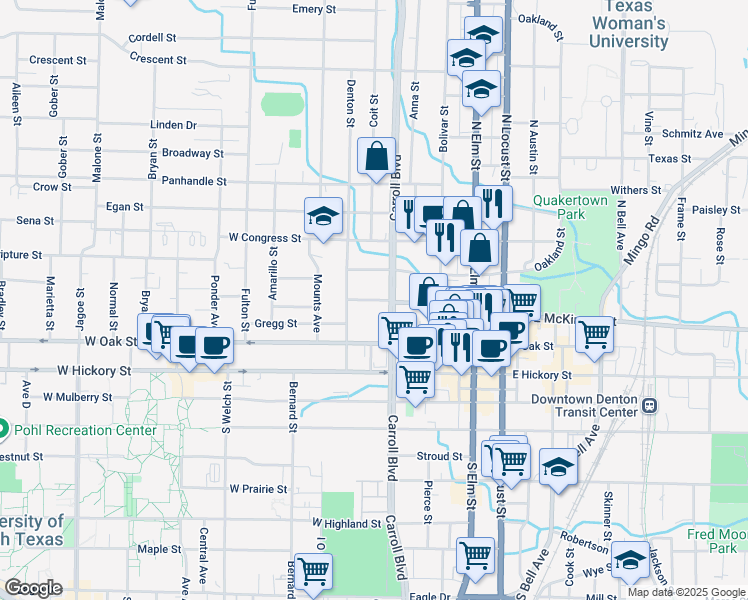 map of restaurants, bars, coffee shops, grocery stores, and more near 606 Pearl Street in Denton