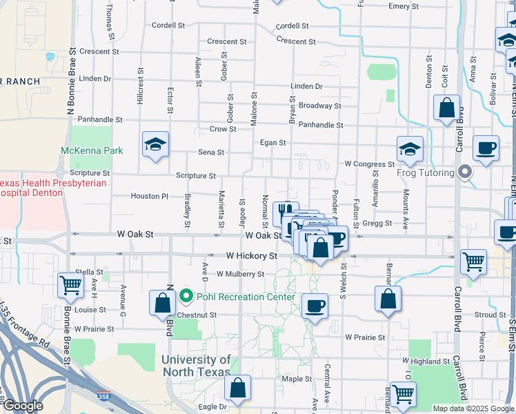 map of restaurants, bars, coffee shops, grocery stores, and more near 322 Normal Street in Denton