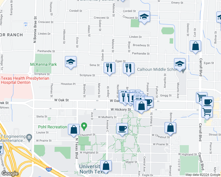 map of restaurants, bars, coffee shops, grocery stores, and more near 316 Jagoe Street in Denton
