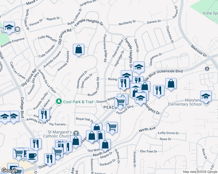 map of restaurants, bars, coffee shops, grocery stores, and more near 4723 Rim Rock Road in Oceanside