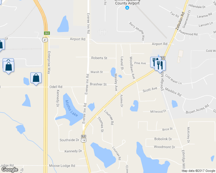 map of restaurants, bars, coffee shops, grocery stores, and more near 222 Brashier Street in Griffin