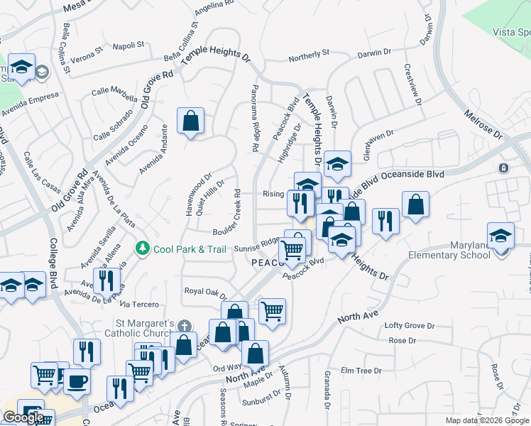 map of restaurants, bars, coffee shops, grocery stores, and more near 4723 Rim Rock Road in Oceanside