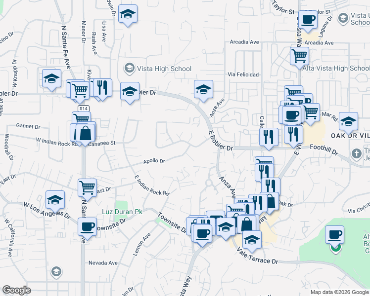 map of restaurants, bars, coffee shops, grocery stores, and more near 652 Cortez Avenue in Vista