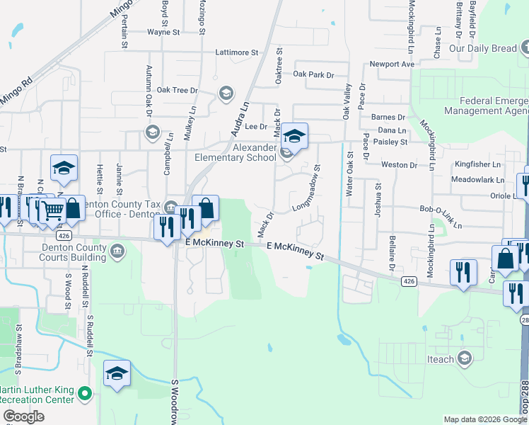 map of restaurants, bars, coffee shops, grocery stores, and more near 2009 Longmeadow Court in Denton