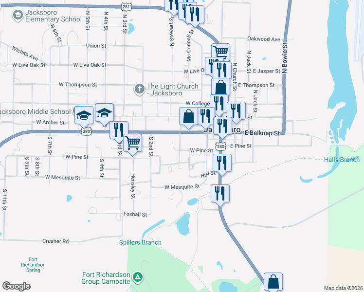 map of restaurants, bars, coffee shops, grocery stores, and more near 215 South Phillips Street in Jacksboro
