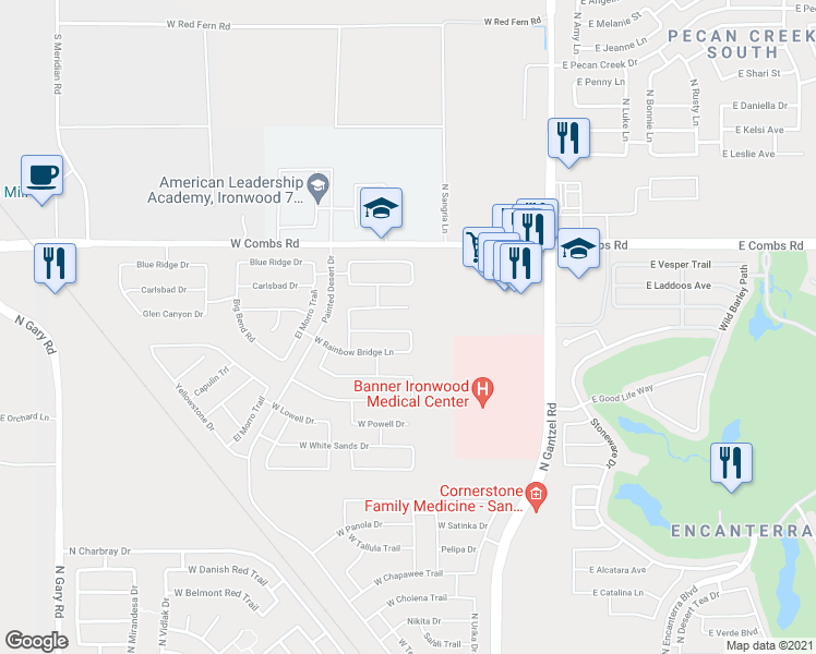 map of restaurants, bars, coffee shops, grocery stores, and more near 254 West Organ Pipe Drive in Queen Creek