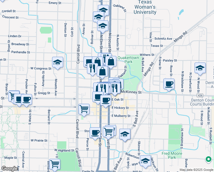 map of restaurants, bars, coffee shops, grocery stores, and more near 317 North Locust Street in Denton