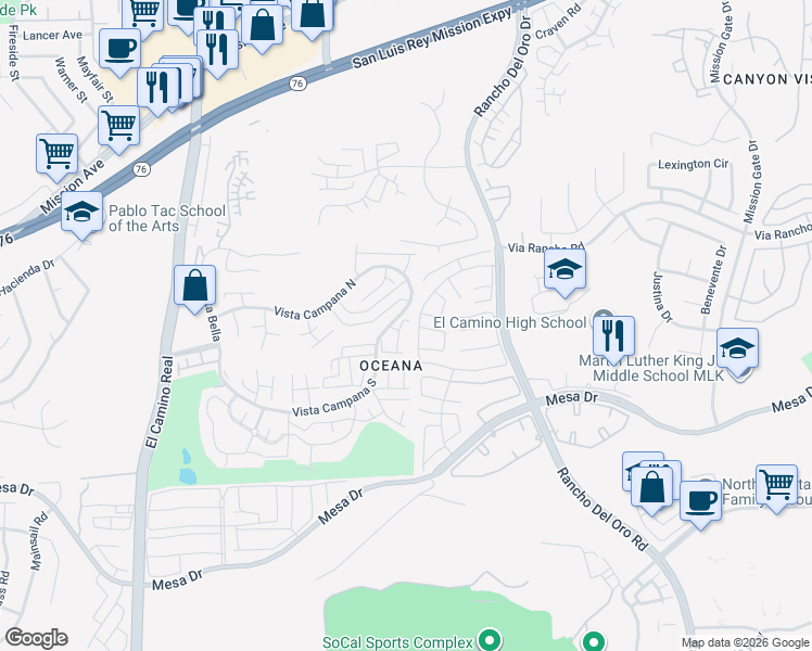 map of restaurants, bars, coffee shops, grocery stores, and more near 3875 Vista Campana North in Oceanside