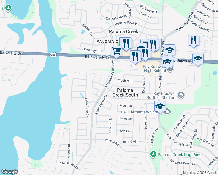 map of restaurants, bars, coffee shops, grocery stores, and more near 308 Hummingbird Drive in Little Elm