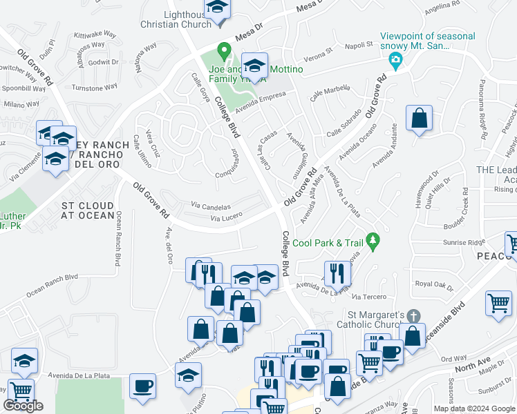 map of restaurants, bars, coffee shops, grocery stores, and more near 1287 Via Fanal in Oceanside