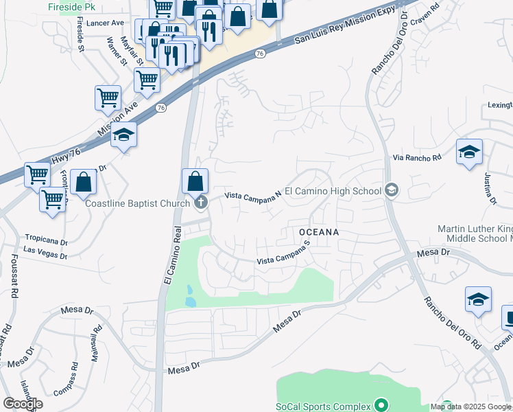 map of restaurants, bars, coffee shops, grocery stores, and more near 3755 Vista Campana North in Oceanside