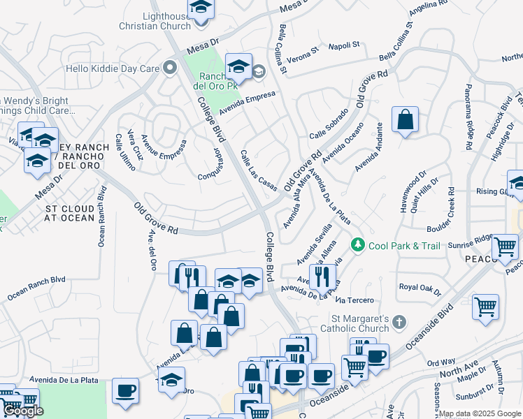 map of restaurants, bars, coffee shops, grocery stores, and more near College Boulevard & Old Grove Road in Oceanside