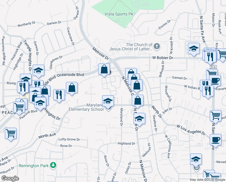 map of restaurants, bars, coffee shops, grocery stores, and more near 737 North Avenue in Vista