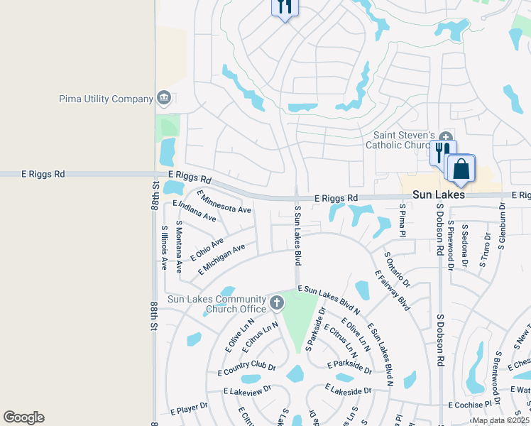 map of restaurants, bars, coffee shops, grocery stores, and more near 25208 South Kansas Avenue in Sun Lakes