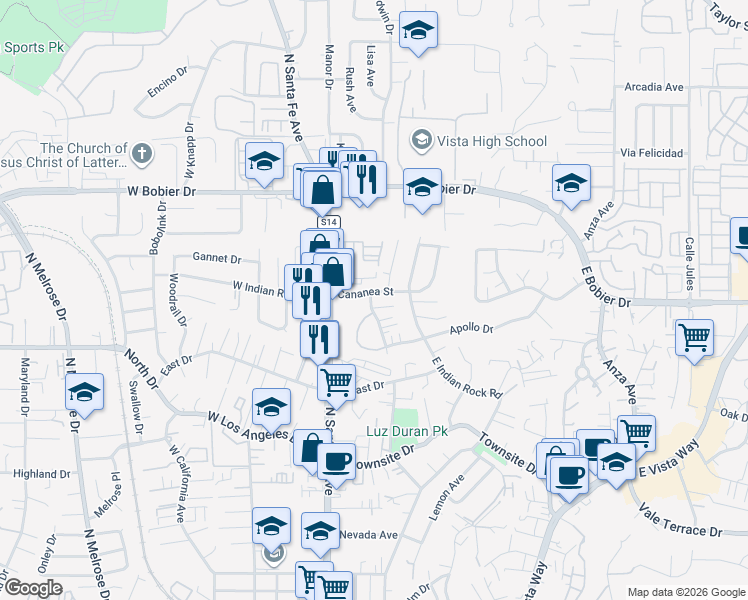 map of restaurants, bars, coffee shops, grocery stores, and more near 201 Cananea Street in Vista