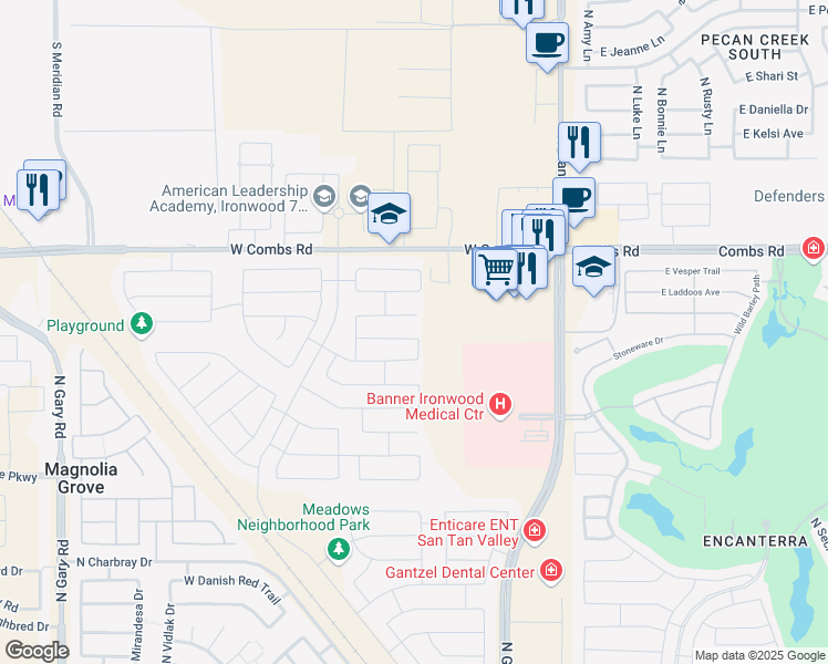 map of restaurants, bars, coffee shops, grocery stores, and more near 254 West Organ Pipe Drive in Queen Creek