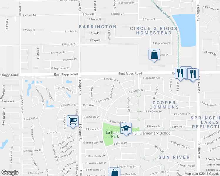map of restaurants, bars, coffee shops, grocery stores, and more near 2233 East Torrey Pines Place in Chandler