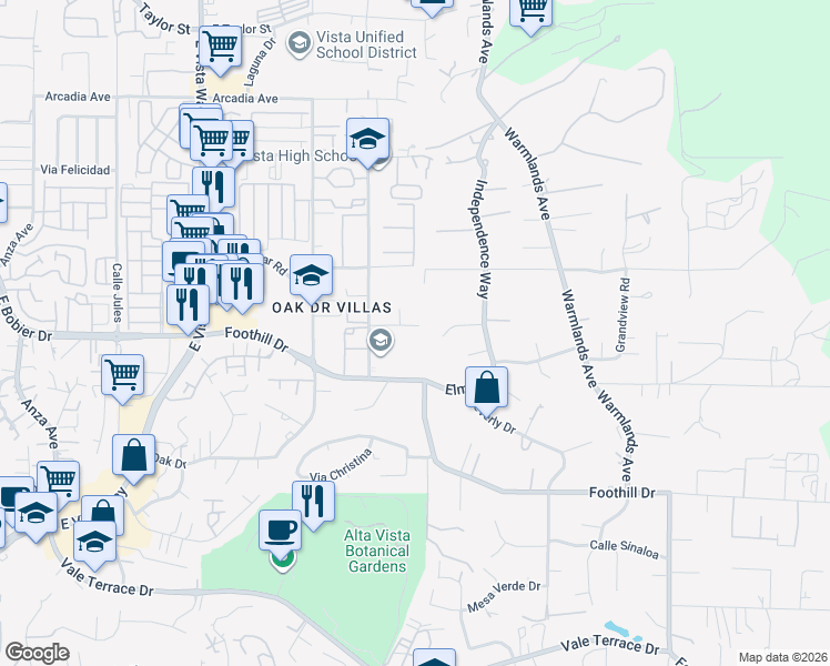 map of restaurants, bars, coffee shops, grocery stores, and more near 1345 Bonair Road in Vista