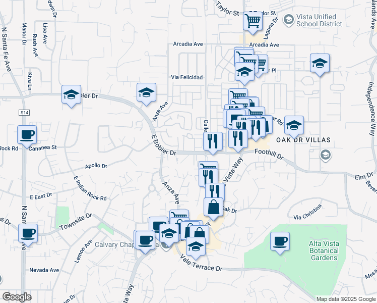 map of restaurants, bars, coffee shops, grocery stores, and more near in Vista