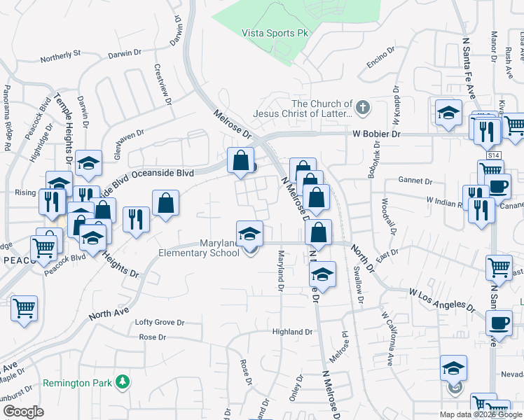map of restaurants, bars, coffee shops, grocery stores, and more near 737 North Avenue in Vista