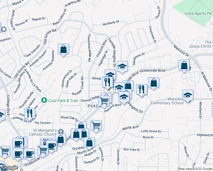 map of restaurants, bars, coffee shops, grocery stores, and more near 4760 Oceanside Boulevard in Oceanside