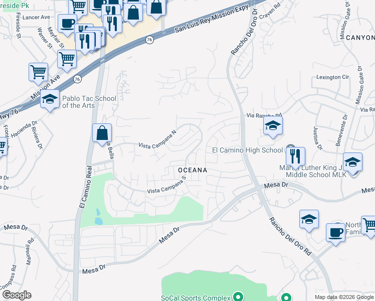 map of restaurants, bars, coffee shops, grocery stores, and more near 3890 Vista Campana South in Oceanside