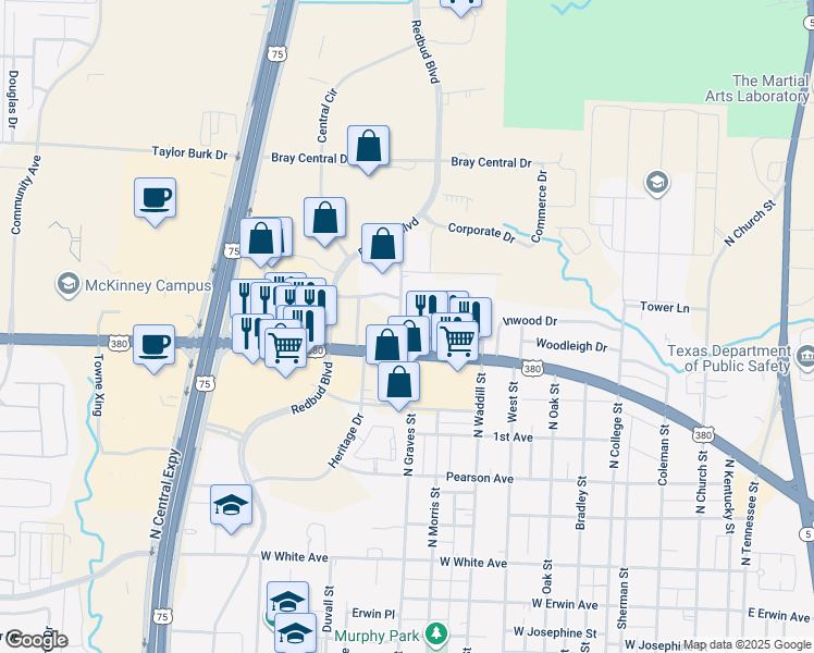 map of restaurants, bars, coffee shops, grocery stores, and more near 1511 Wysong Drive in McKinney
