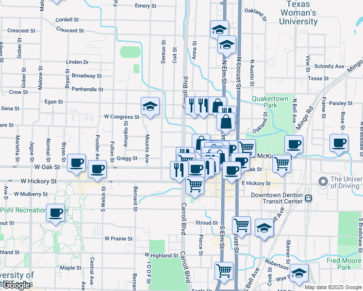 map of restaurants, bars, coffee shops, grocery stores, and more near 416 North Carroll Boulevard in Denton