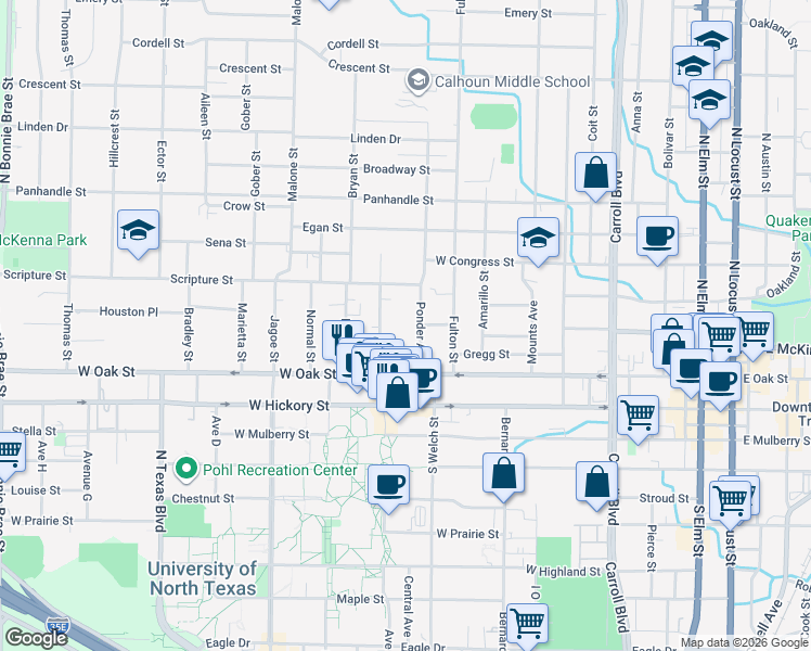 map of restaurants, bars, coffee shops, grocery stores, and more near 406 Fry Street in Denton