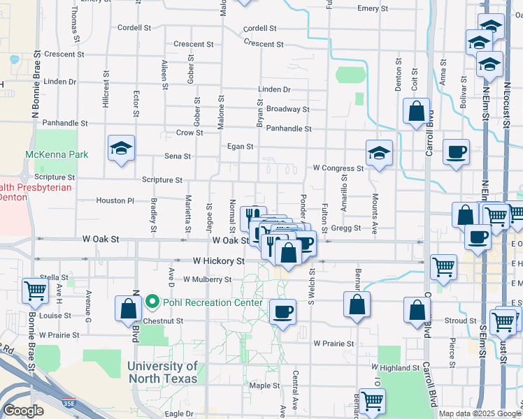map of restaurants, bars, coffee shops, grocery stores, and more near 410 Bryan Street in Denton